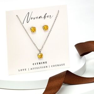 November - CZ Birthstone Stud Earring & Circular Pendant Set - Citrine